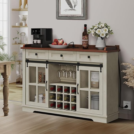 DWVO Farmhouse Coffee Bar Cabinet, 53” Sideboard Buffet Cabinet with Storage, 3 Drawers & Sliding Barn Door, Storage Cabinet with Glass Door for Kitchen & Living Room, Antique White - LeafyLoom