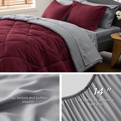 Bedsure Burgundy 7 Piece Reversible Comforter Set - Bed in a Bag with Comforters, Sheets, Pillowcases & Shams - LeafyLoom