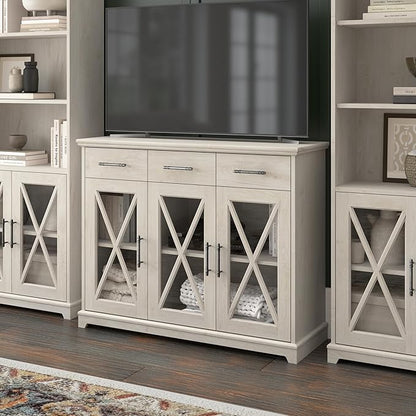 Bush Furniture Lennox Farmhouse Stand for 65 Inch TV | Living Room Entertainment Center with Storage, 46W, Linen White Oak - LeafyLoom