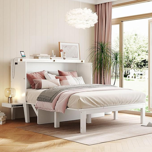 Queen Murphy Bed can be Folded into Low Cabinet with USB Ports, Wooden Platform bedframe with Removable Shelves on Each Side, Space Saving, for Bedroom/Guestroom/Office, White - LeafyLoom