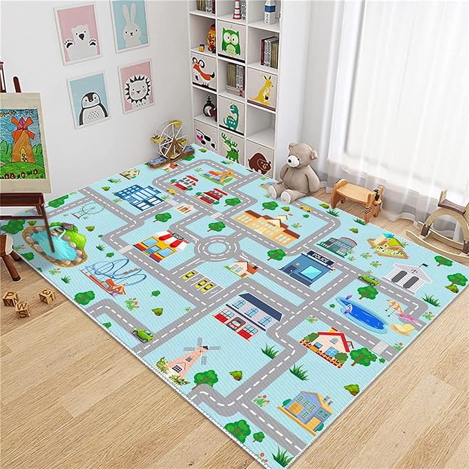 Kids Car Rug, 5' 3" x8' City Life Traffic Road Playmat for Toy Cars Trains, Non-Slip Race Track Carpet Educational Fun Area Rugs for Boy and Girl Bedroom Nursery - LeafyLoom