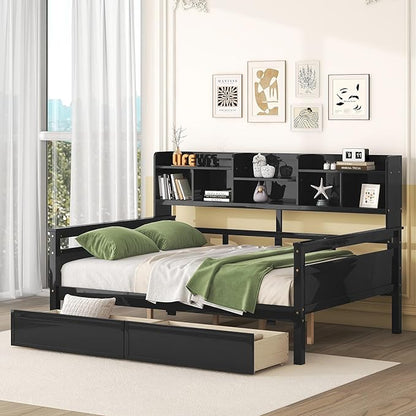 Merax Modern Full Wooden Storage Daybed,Dual-use Sturdy Sofa Bed for Bedroom Living Room, Espresso - LeafyLoom