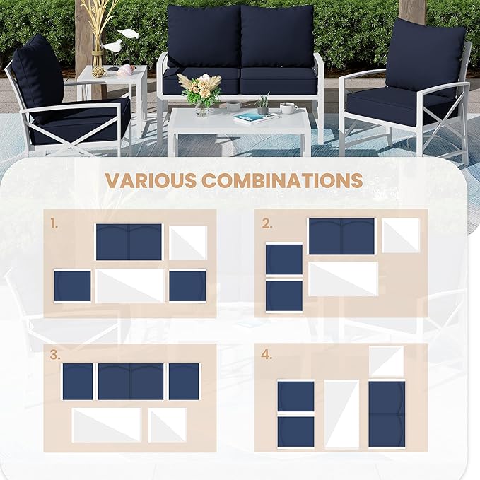 Shintenchi 5 Piece Outdoor Furniture Sets, White Metal Sofa Conversation Sets with Loveseat, Two Single Chairs and Two Coffee Tables for Backyard, Patio, Balcony, Poolside (Dark Blue) - LeafyLoom