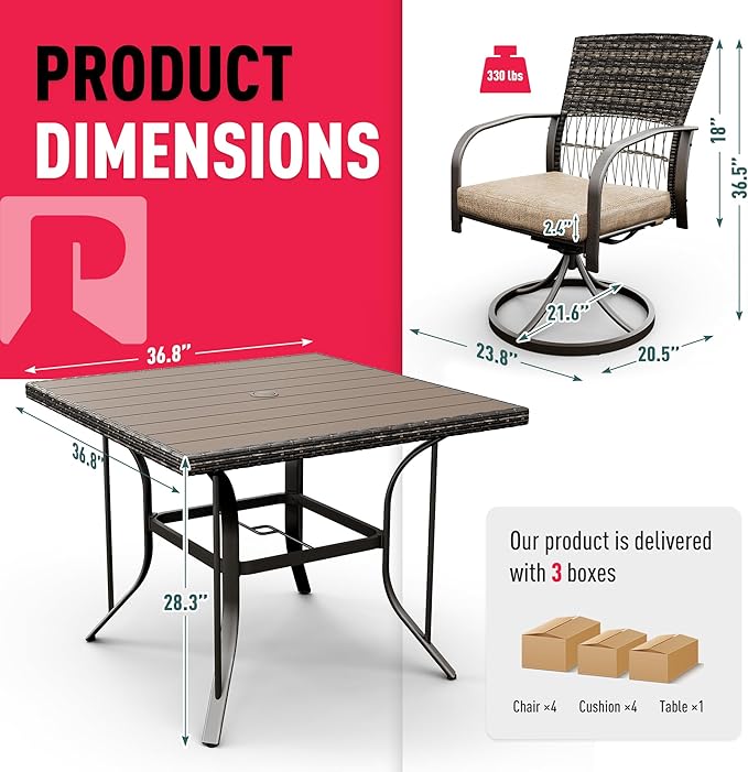 Pamapic 5 Piece Outdoor Dining Set, Rattan Outdoor Patio Furniture Set for Deck Backyard with Plastic-Wood Outdoor Dining Table, 4 Swivel Outdoor Dining Chairs and Removable Cushions (Beige) - LeafyLoom