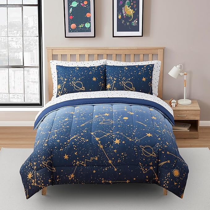 Kids Bedding Set Bed in a Bag for Boys and Girls Toddlers Printed Sheet Set and Comforter, Full, Galaxy - LeafyLoom