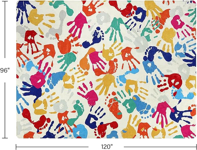 Large Kids Rug for Playroom, 8'x10' Handprints and Footprints Colorful Rug for Classroom, Non-Slip Washable Rug for Nursery, Soft Throw Carpet Indoor Playmat for Kids Room Dorm Bedroom - LeafyLoom