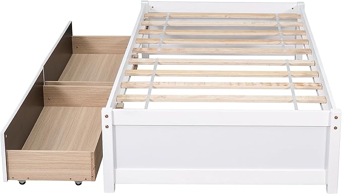 Twin Bed with 2 Storage Drawers, Solid Pinewood Twin Size Bed Frame,for Boys/Girls/Teens Bedroom, Easy to Assemble, No Box Spring Needed,White - LeafyLoom