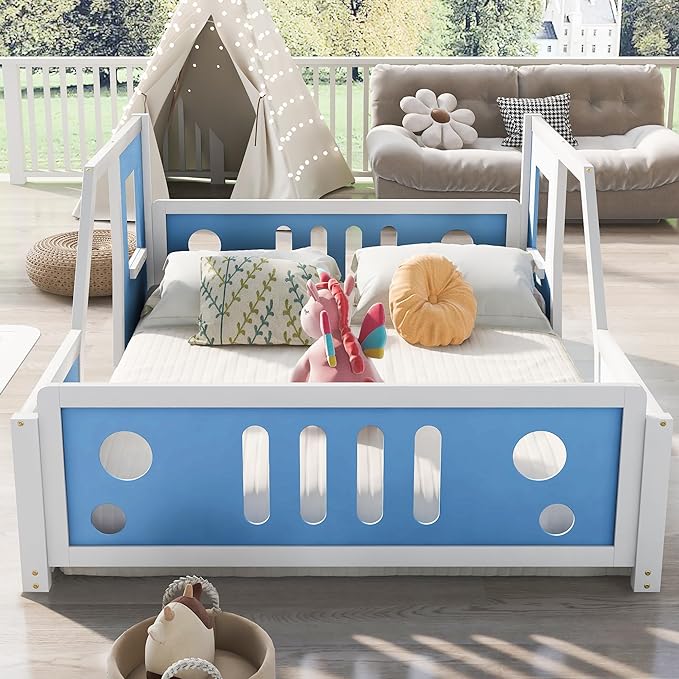 Full Size Classic Car-Shaped Platform Bed with Wheels,Wooden Floor Bedframe W/Door Design,Fun Play Toy Car Furniture for Boys Kids Toddlers Child's Bedroom,Blue - LeafyLoom