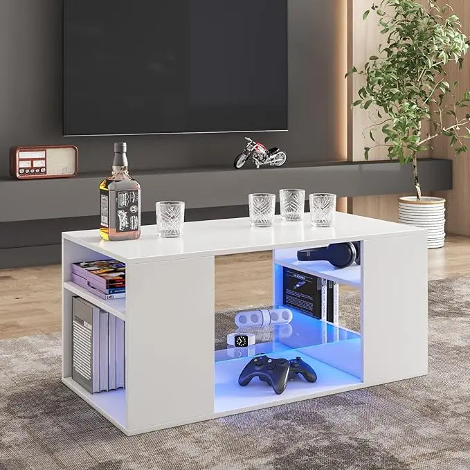 HOMMPA LED Coffee Tables for Living Room Modern White Coffee Table with 3 Shelves Open Glass Storage High Glossy Center Table Sofa Cocktail Table with 16 Colors LED Lights for Home Furniture White - LeafyLoom