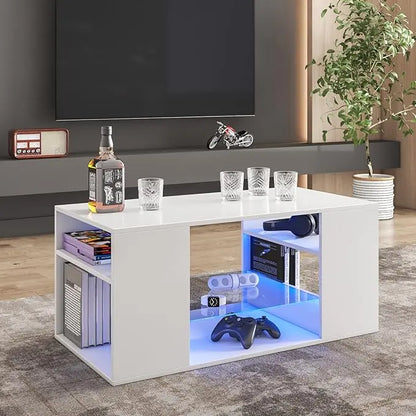 HOMMPA LED Coffee Tables for Living Room Modern White Coffee Table with 3 Shelves Open Glass Storage High Glossy Center Table Sofa Cocktail Table with 16 Colors LED Lights for Home Furniture White - LeafyLoom