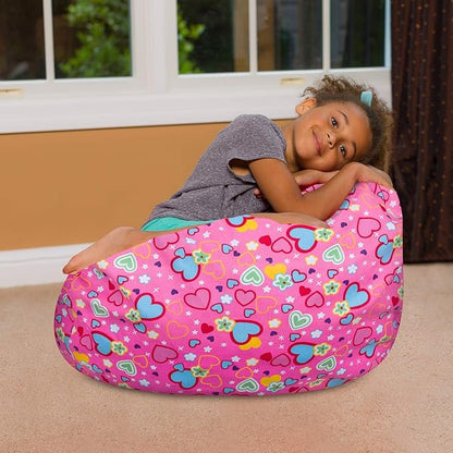 Posh Creations Bean Bag Chair for Kids, Teens, and Adults Includes Removable and Machine Washable Cover, Canvas Multi-Colored Hearts on Pink, 27in - Medium - LeafyLoom