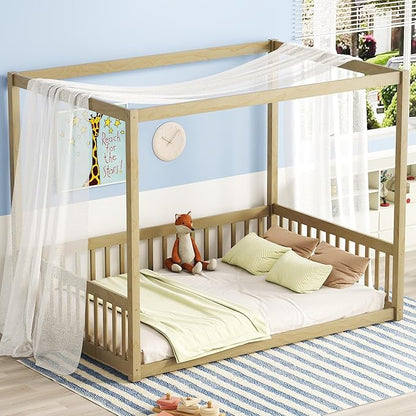 Full Size Canopy Bed Frame with Guardrails for Kids,Floor Bed Full with Four Poster Design,Kids Montessori Floor Bed,Wood Canopy Bed Frame for Girls,Boys(Full,Natural) - LeafyLoom