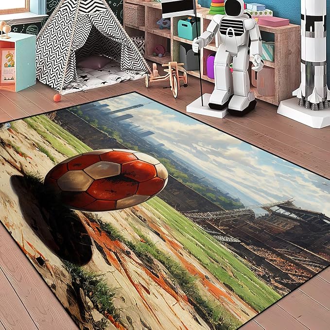 Football Rug - Football Decor for Boys Bedroom Soccer Rug for Play Area Football Printed Rug for Kids Room Basketball Rugs for Teen Boys Bedroom Playmat Area Rugs for Kids Rooms,4'5''×6' - LeafyLoom