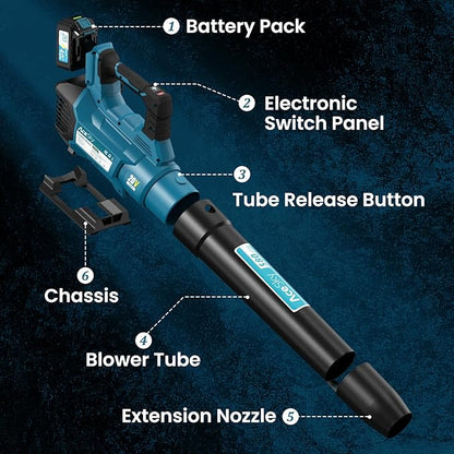 Leaf Blower Cordless, 580CFM/160MPH & 3 Speed Levels, Electric Cordless Leaf Blower with 2 * 4.0Ah Battery Powered, Blowers for Lawn Care, Blower with Extension Nozzle - LeafyLoom