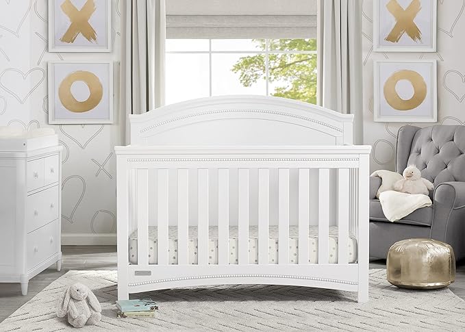 Delta Children Simmons Kids SlumberTime Emma 4-in-1 Convertible Baby Crib N More - Greenguard Gold Certified, Bianca White - LeafyLoom