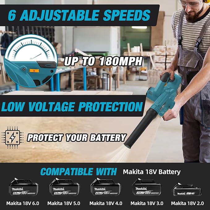 Cordless Leaf Blower for Makita 18V Battery,Electric Jobsite Air Blower with Brushless Motor,6 Variable Speed Up to 180MPH,2-in-1 Handle Electric Blower and Vacuum Cleaner(Battery Not Included) - LeafyLoom