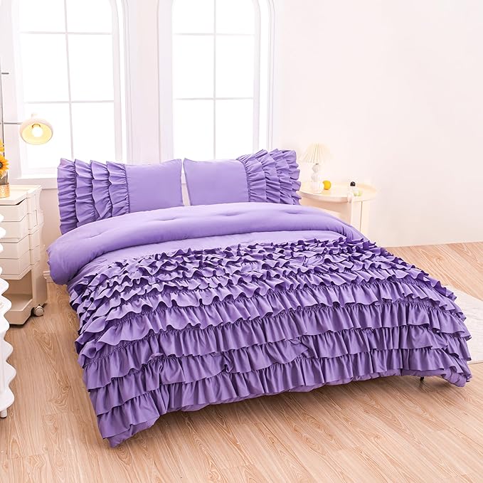 Girls Comforter Set Queen, Lavender Ruffle Bedding Set Queen, Purple Comforter Sets for Queen Size Bed with Sheets, Girls Queen Bedroom Comforter Set - LeafyLoom