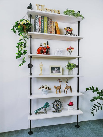 6 Tier Industrial Ladder Shelf Bookcase, Wall Mounted Rustic Bookshelf for Living Room Decor and Storage (White, 6 Tier - 10" D x 36" W x 82.5" H) - LeafyLoom