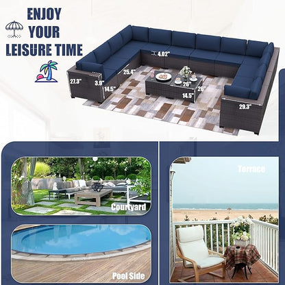 Patio Furniture Set 14-Piece Outdoor Furniture for Backyard Wicker Sectional Sofa Set, PE Rattan Patio Conversation Set 12 Seat with Thickened Cushions and Glass Coffee Tables, Navy Blue - LeafyLoom