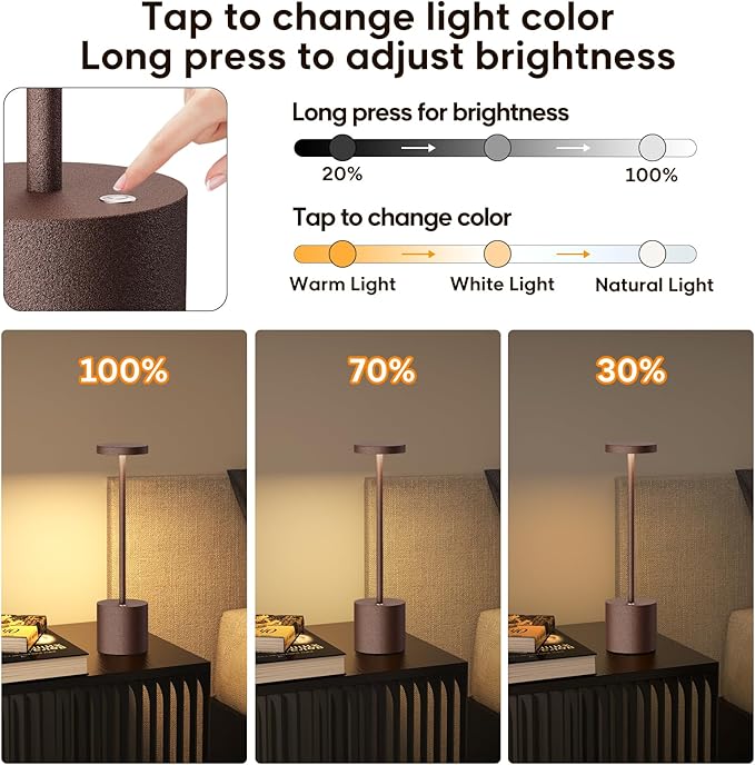 Rechargeable Cordless LED Table Lamp, 6000mAh Battery Operated 3 Level Dimmable Portable Tables Lights Reading Lamps for Restaurant Dining 2Pack Rust Desk Lamps - LeafyLoom