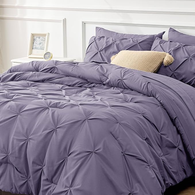 Bedsure Twin Comforter Set with Sheets - 5 Pieces Twin Bedding Sets, Pinch Pleat Grayish Purple Twin Bed in a Bag with Comforter, Sheets, Pillowcase & Sham - LeafyLoom