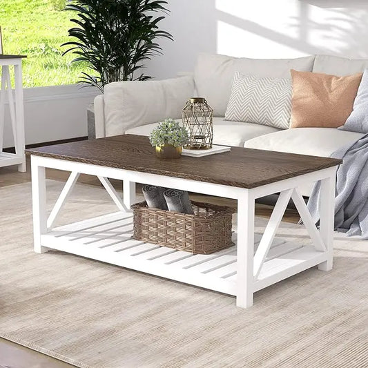 ChooChoo Farmhouse Coffee Table, Rustic Vintage Living Room Table with Shelf, 40 White - LeafyLoom