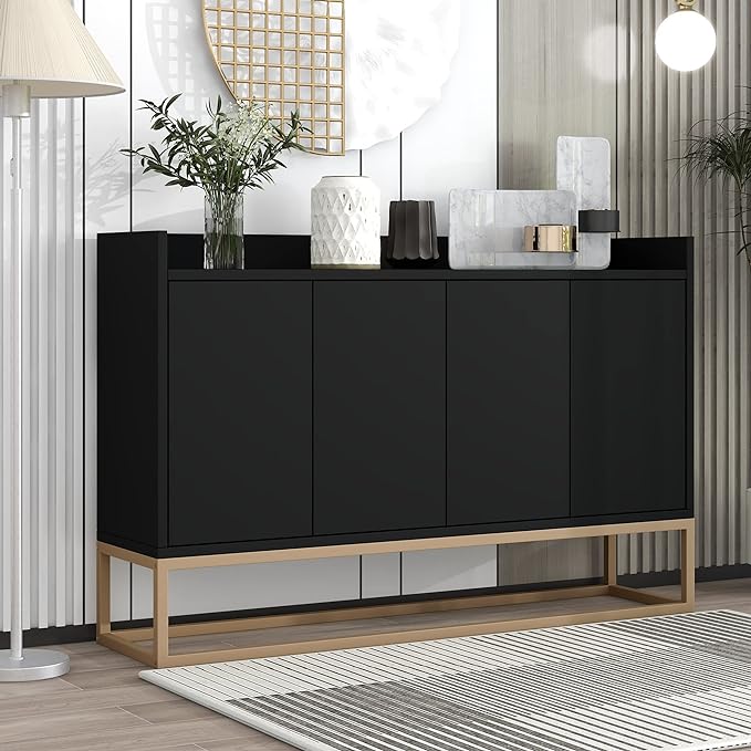 Sideboard Buffet Cabinet with Large Storage Space,Modern Particle Board Kitchen Console Table,W/ 4 Doors and Gold Metal Legs,Dining Room,Entryway,Black, 47.2" - LeafyLoom