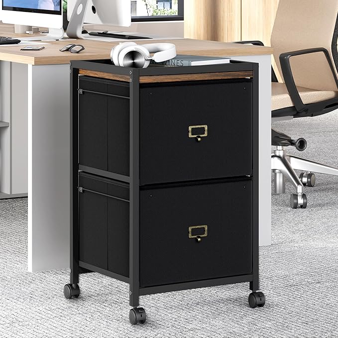 File Cabinet with 2 Drawers, Mobile Filing Cabinet Fits Letter Size or A4, Fabric Vertical File Cabinet on Wheels, File Cabinet for Home Office, Small Under Desk Storage Cabinet, Black - LeafyLoom