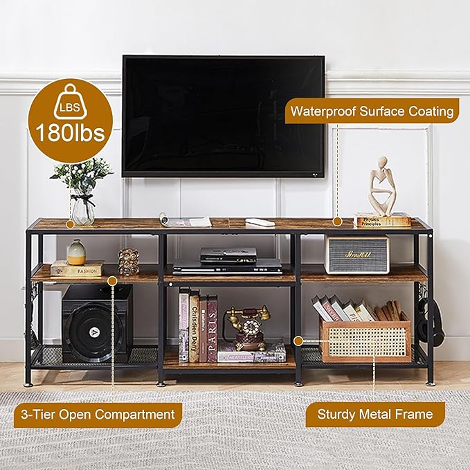 VECELO TV Stand for Televisions up to 75 Inch, Industrial Entertainment Center with 3-Tier Open Storage Shelves& Hooks for Living, Bedroom and Gaming Room, 70 Inch, Retro Brown - LeafyLoom