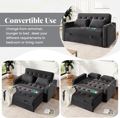 3 in 1 Multi-Functional Pull Out Sofa Bed , Velvet Upholstered Convertible Sleeper Loveseat Couch Guest Daybed with Adjustable Backrest and Dual USB Charging Port for Living Room Office RV Furniture - LeafyLoom