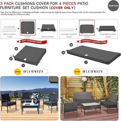 ClawsCover 3Pack Outdoor Seat Cushions Replacement Covers Fit for 4 Pieces Wicker Rattan Furniture Patio Conversation Set Loveseat Chair,38x19x2,19x19x2,Dark Gray-Large (Include Cover Only) - LeafyLoom