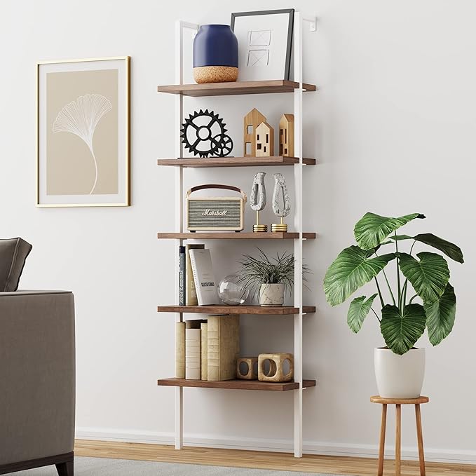 Nathan James Theo 5-Shelf Wood Modern Bookcase, Open Wall Mount Ladder Bookshelf with Industrial Metal Frame, Light Brown Oak/White - LeafyLoom