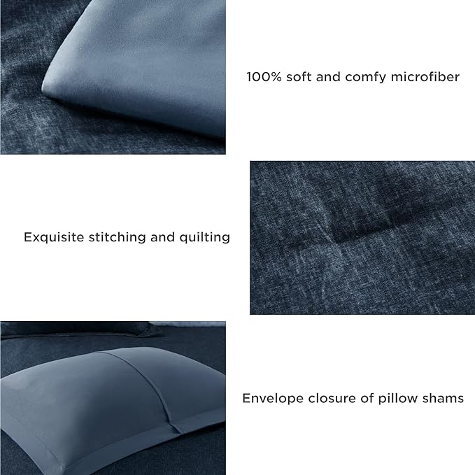 Chambray Queen Comforter Set - Blue Denim Queen Size Bedding Sets, 7 Pieces Soft Bedding for All Seasons with Comforter, Sheets, Pillowcases & Shams - LeafyLoom