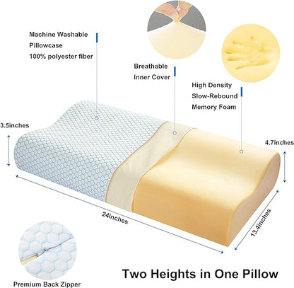 Anvo Memory Foam Pillow, Neck Contour Cervical Orthopedic Pillow for Sleeping Side Back Stomach Sleeper, Ergonomic Bed Pillow for Neck Pain - Blue White, Soft - LeafyLoom