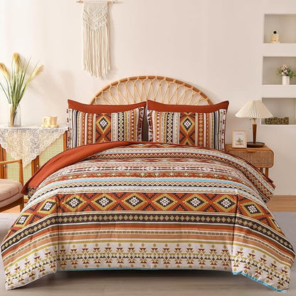 Dinjoy Queen Size Comforter Set Boho,Burn Orange Bed in a Bag Queen Striped Bedding Sets Terracotta Western Comforters with Sheets 7 Pieces Complete Set Aztec for All Seasons 90"x90" - LeafyLoom