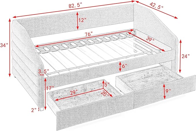 Twin Size Linen Daybed with Dual Storage Drawers, Upholstered Wooden Frame w/Elegant Tufting, No Box Spring Necessary, Space-Saving Solution for Compact Areas, Grey-2 - LeafyLoom
