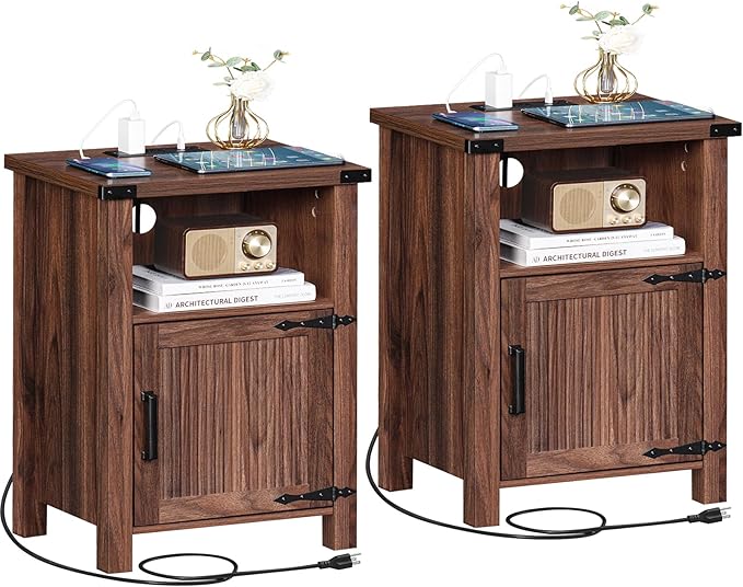 Night Stand Set of 2, 18 Inch Farmhouse Nightstand with with Charging Station and USB Port, Rustic Wood Bedside Table with Magnetic Door, Bed Side Tables for Bedroom, Brown Walnut - LeafyLoom