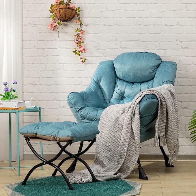 AbocoFur Fabric Lazy Chair with Foldable Ottoman, Accent Comfy Lounge Arm Chair and Folding Footrest Stool Set, Leisure Sofa Reading Chair and Footstool for Living Room, Bedroom, Dorm, Blue - LeafyLoom