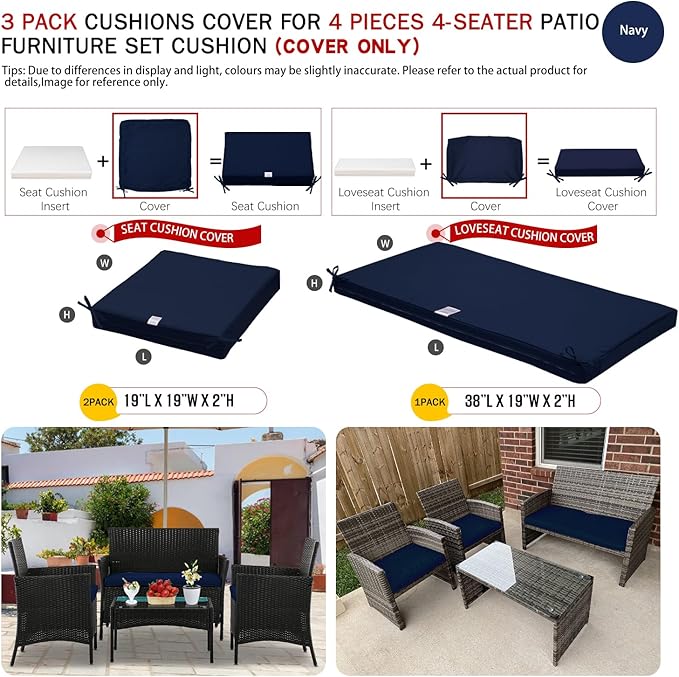 ClawsCover 3Pack Outdoor Seat Cushions Replacement Covers Fit for 4 Pieces Wicker Rattan Furniture Patio Conversation Set Loveseat Chair,38x19x2,19x19x2,Navy-Large (Include Cover Only) - LeafyLoom