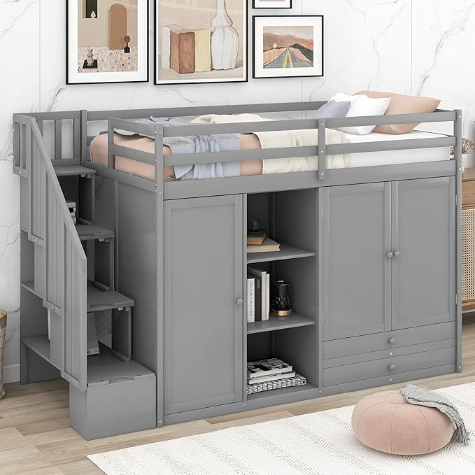 Twin Size Wood Loft Bed, Wooden Loft Bed Frame with 3 Shelves, 2 Wardrobes, 2 Drawers and Storage Staircases for Kids, Teens, Adults, No Box Spring Needed, Gray - LeafyLoom