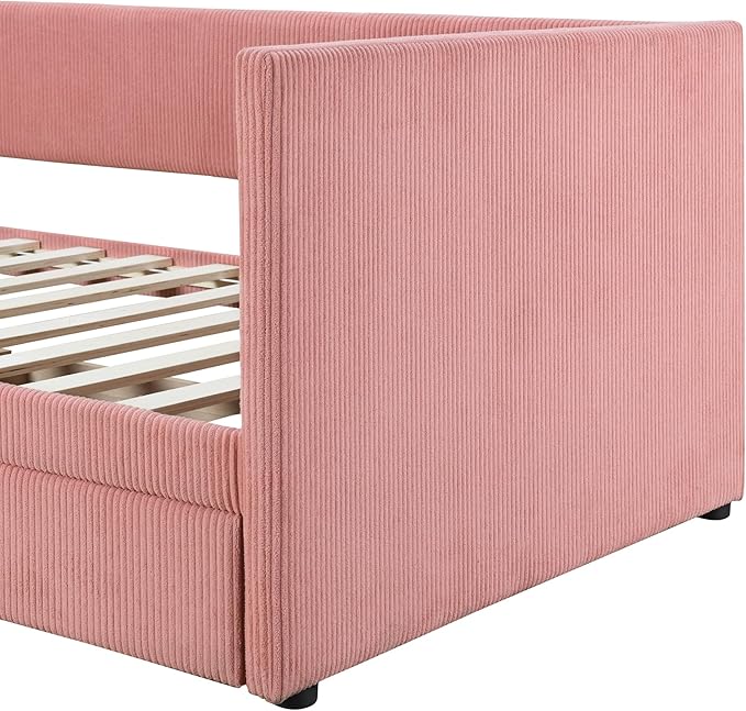 Twin Size Upholstered Daybed with 2 Storage Drawers, Corduroy Sofa Bed Frame for Living Room, Bedroom, Wood Slat Support, Pink - LeafyLoom