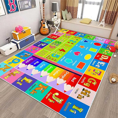 Kids Alphabet Play Game Rug - 5' 3" x8' ABC Numbers and Shapes Educational Learning Toddler Carpet - Kids Room Playroom Classroom Kindergarten Activity Fun Soft Non-Slip Mat - LeafyLoom