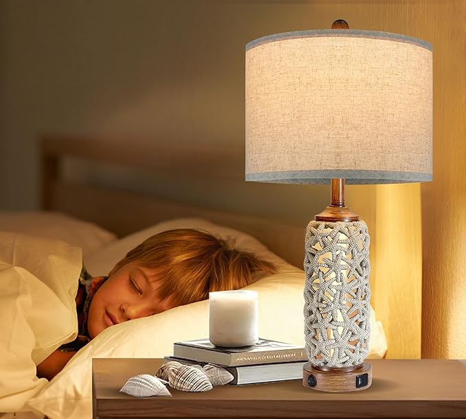 Coastal Nautical Lamp Farmhouse Table Lamps for Living Room Bedroom， Bedside Lamp with Dual USB Port，26.5'' Tall Nightstand Lamps - LeafyLoom