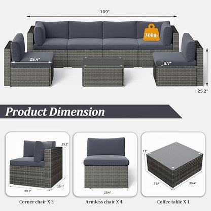 SUNVIVI OUTDOOR 7 Piece Patio Furniture Sets All Weather Gery PE Wicker Couch Sofa with Glass Table, Removable Dark Grey Cushions - LeafyLoom