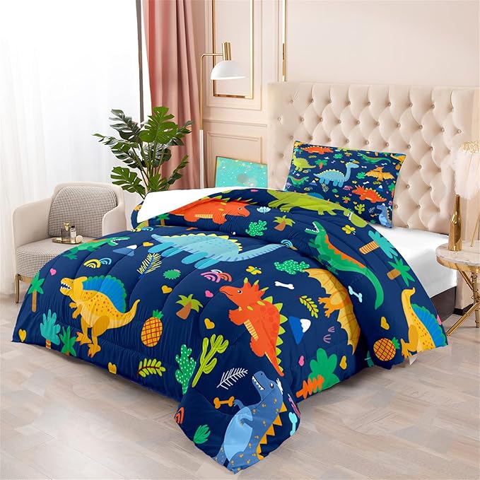 Cartoon Dinosaur Comforter Set for Kids Dark Blue Dinosaur Twin Comforter Set for Boys Dinosaur Kids Bedding Set Soft Breathable Twin Dinosaur Quilt with 1 Pillowcase for All-Season, Twin Size - LeafyLoom