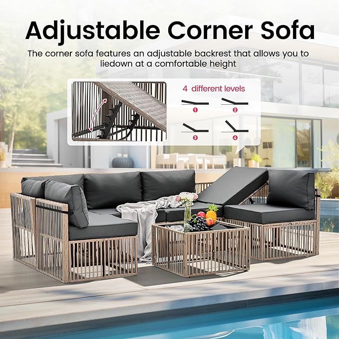 Pamapic 7 Pieces Outdoor Sectional Set, All-Weather PE Rattan Patio Conversation Set, Wicker Adjustable Patio Furniture Set with Washable Cushions Covers and Coffee Table, Brown Rattan, Gray Cushion - LeafyLoom