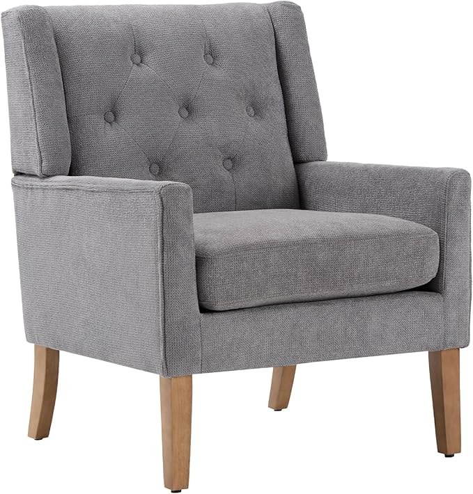 COLAMY Mid-Century Accent Chairs, Modern Wingback Living Room Chair, Upholstered Armchair with Button Tufted Back and Wood Legs for Bedroom/Office/Reading Spaces, Grey - LeafyLoom