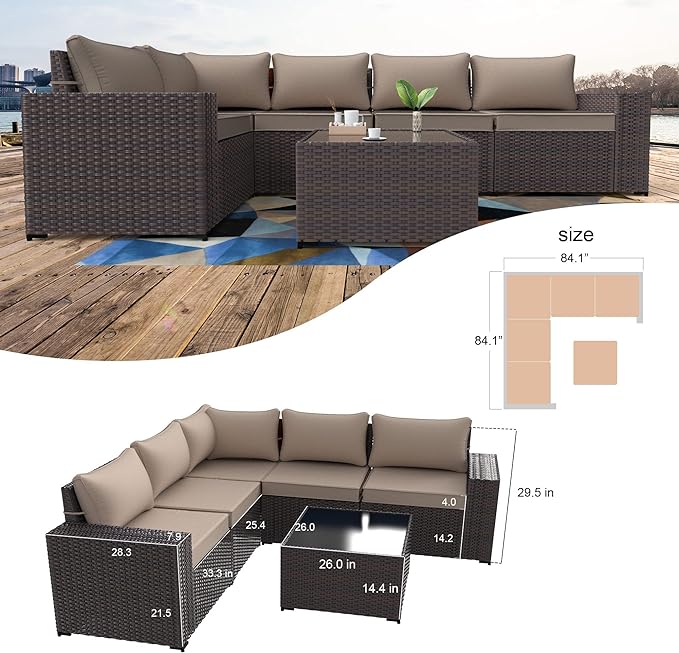 Kullavik 6PCS Outdoor Patio Furniture Set PE Wicker Rattan Sectional Sofa Patio Conversation Sets,Khaki - LeafyLoom