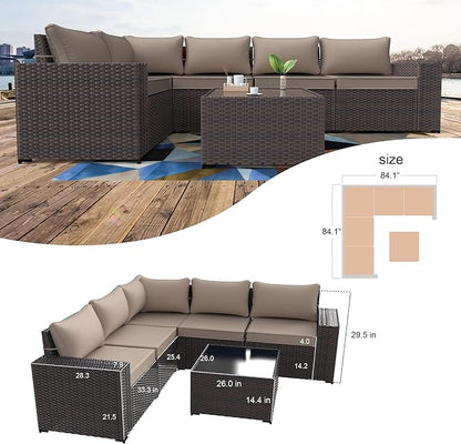 Kullavik 6PCS Outdoor Patio Furniture Set PE Wicker Rattan Sectional Sofa Patio Conversation Sets,Khaki - LeafyLoom