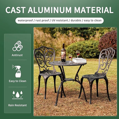 Outdoor Bistro Set 3 Piece Patio Bistro Set with Umbrella Hole, Weather Resistant Bistro Table and Chairs Set of 2 for Porch Garden, Bronze - LeafyLoom